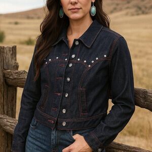 Unique Vintage Dark Denim rhinestone Western Boxy Crop Jacket XS